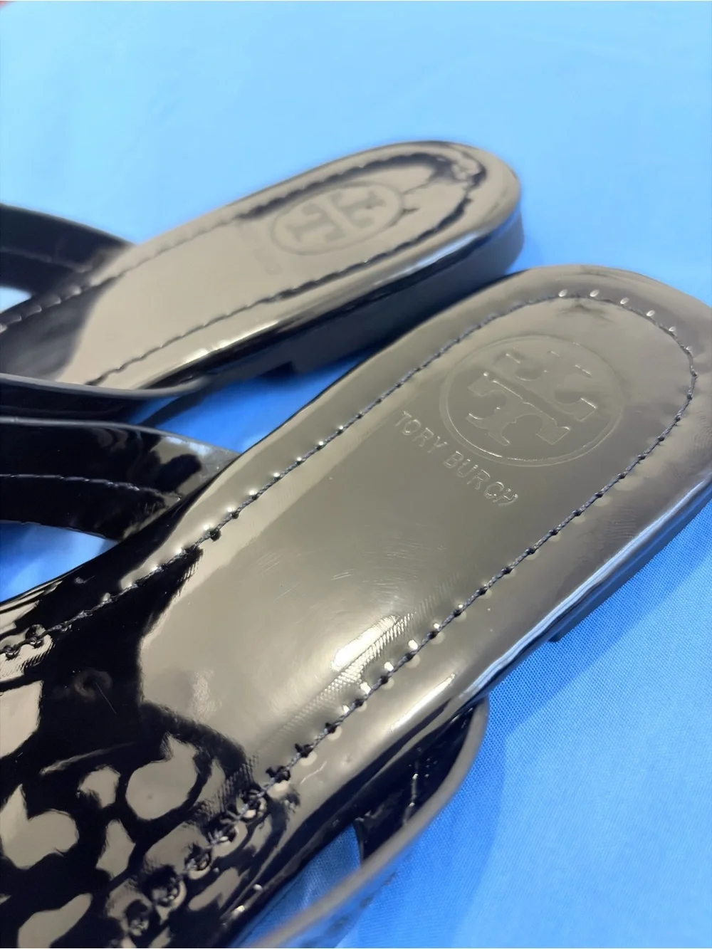 Tory Burch Black Patent Miller Logo Thong Sandals with Gold Accents